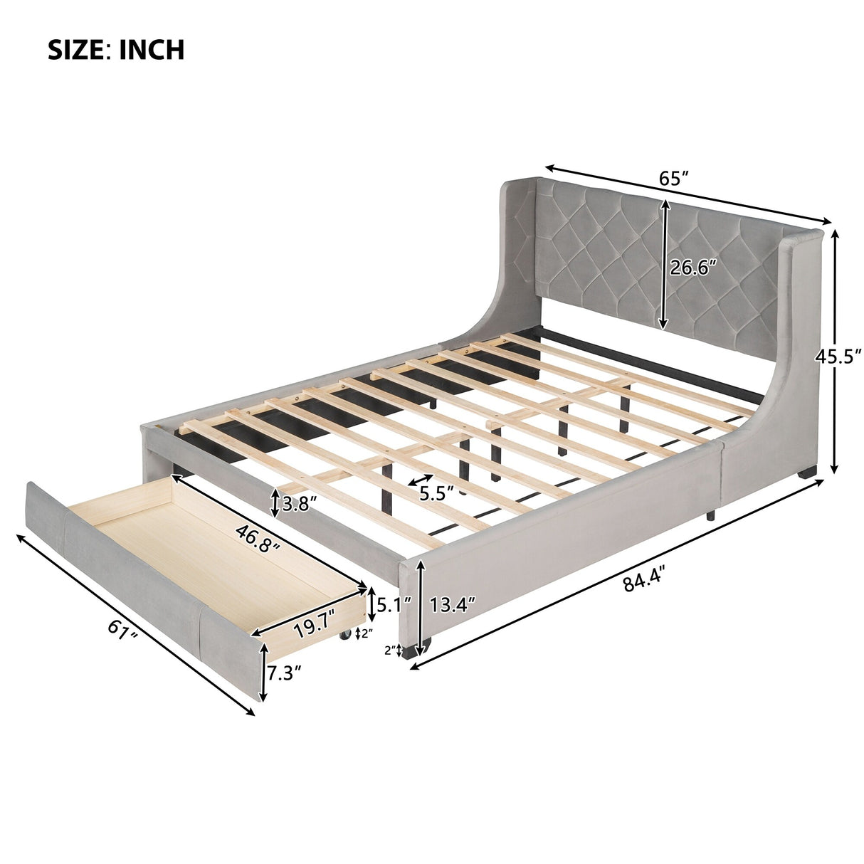Queen Size Storage Bed Velvet Upholstered Platform Bed with Wingback Headboard and a Big Drawer (Beige)