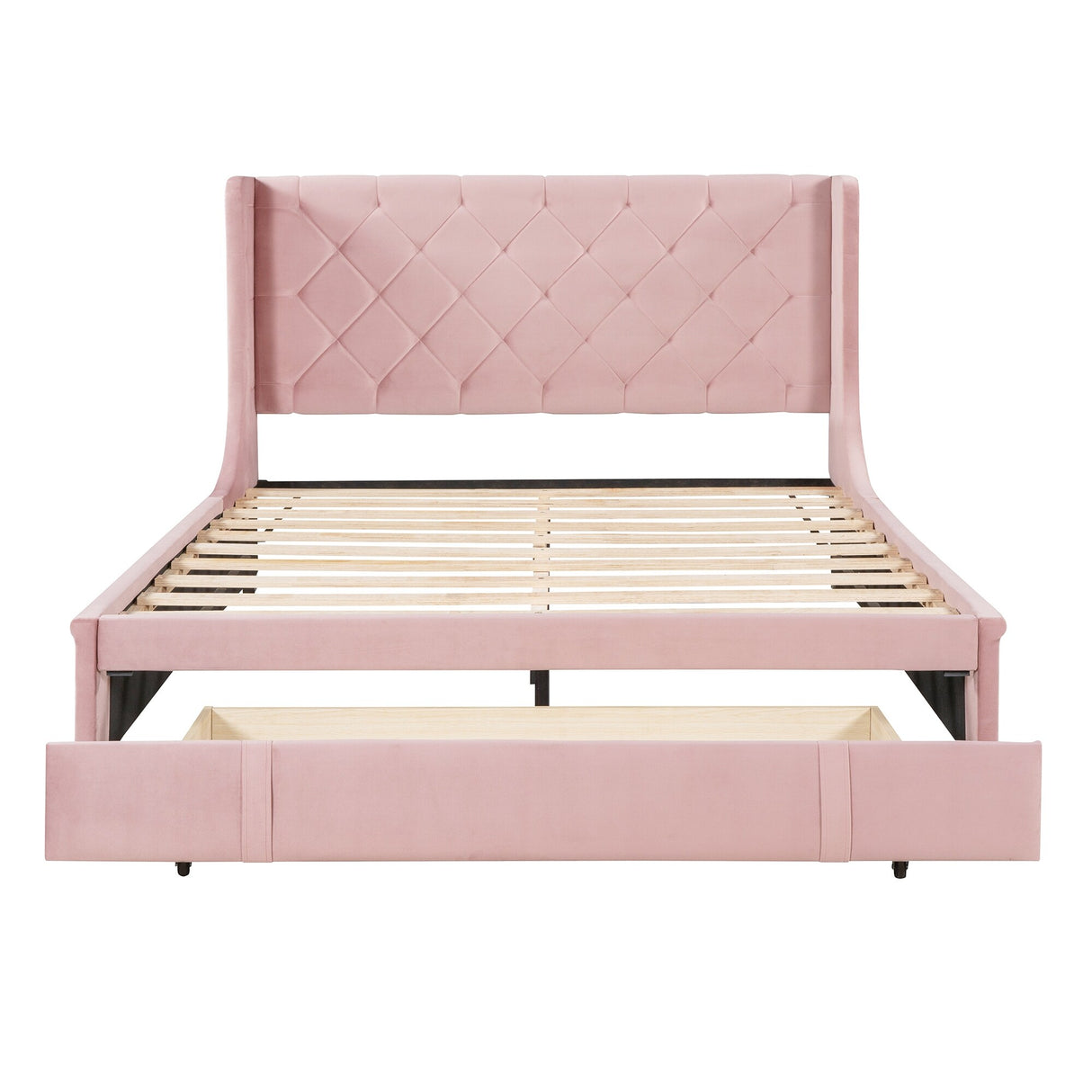 Queen Size Storage Bed Velvet Upholstered Platform Bed with Wingback Headboard and a Big Drawer (Beige)