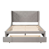 Queen Size Storage Bed Velvet Upholstered Platform Bed with Wingback Headboard and a Big Drawer (Beige)