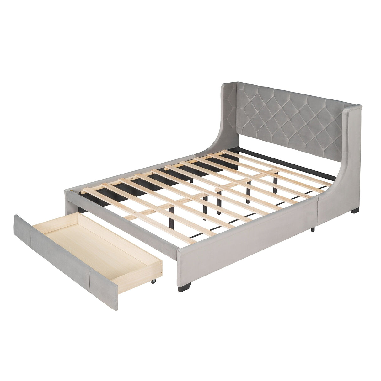 Queen Size Storage Bed Velvet Upholstered Platform Bed with Wingback Headboard and a Big Drawer (Beige)