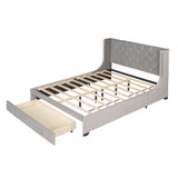 Queen Size Storage Bed Velvet Upholstered Platform Bed with Wingback Headboard and a Big Drawer (Beige)
