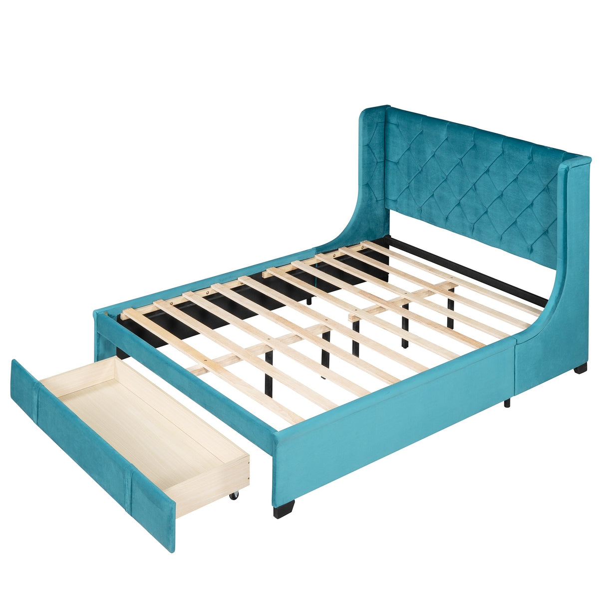 Queen Size Storage Bed Velvet Upholstered Platform Bed with Wingback Headboard and a Big Drawer (Beige)