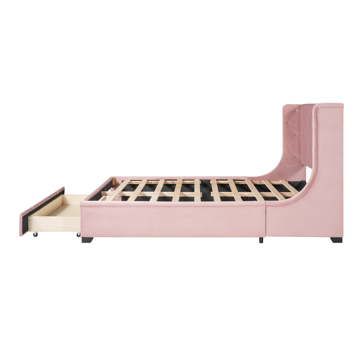 Queen Size Storage Bed Velvet Upholstered Platform Bed with Wingback Headboard and a Big Drawer (Beige)
