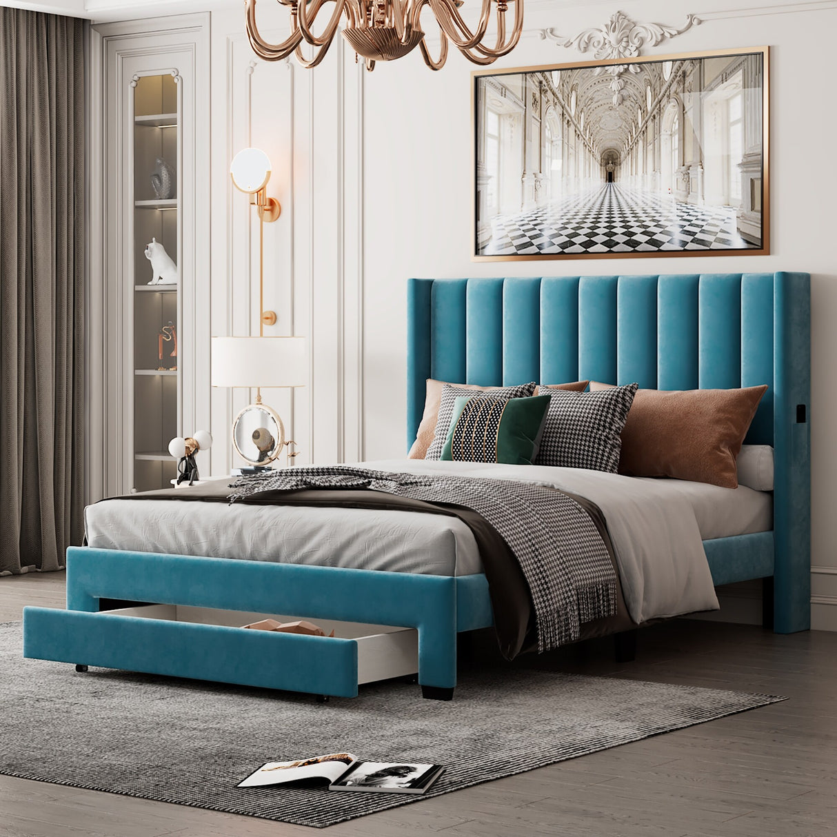 Queen Size Storage Bed Velvet Upholstered Platform Bed