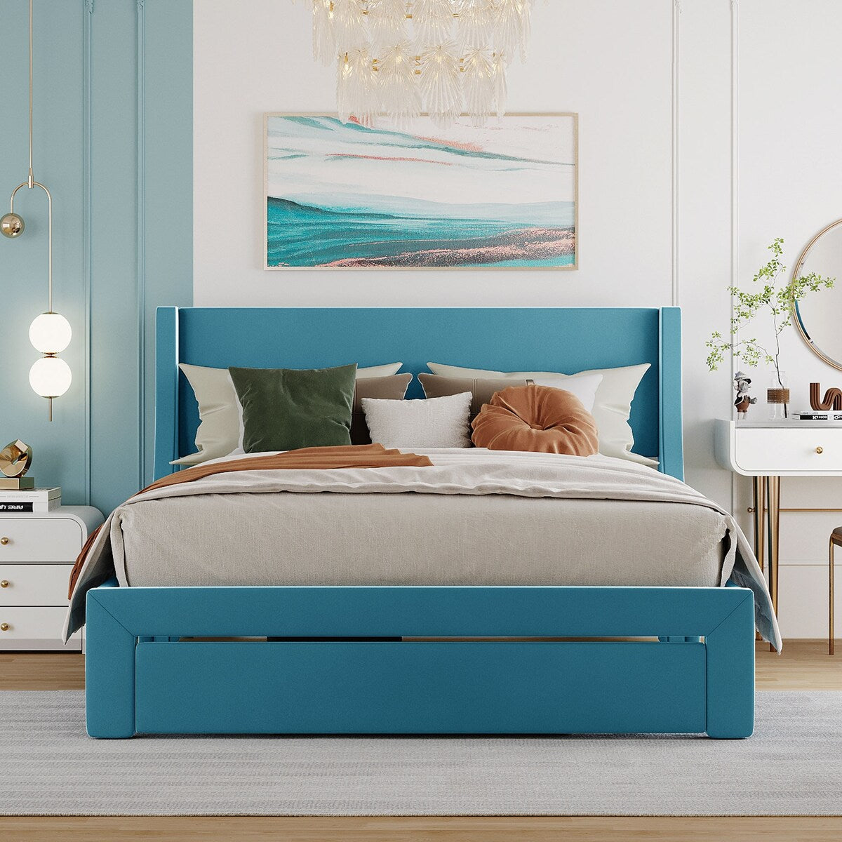 Queen Size Storage Bed Velvet Upholstered Platform Bed