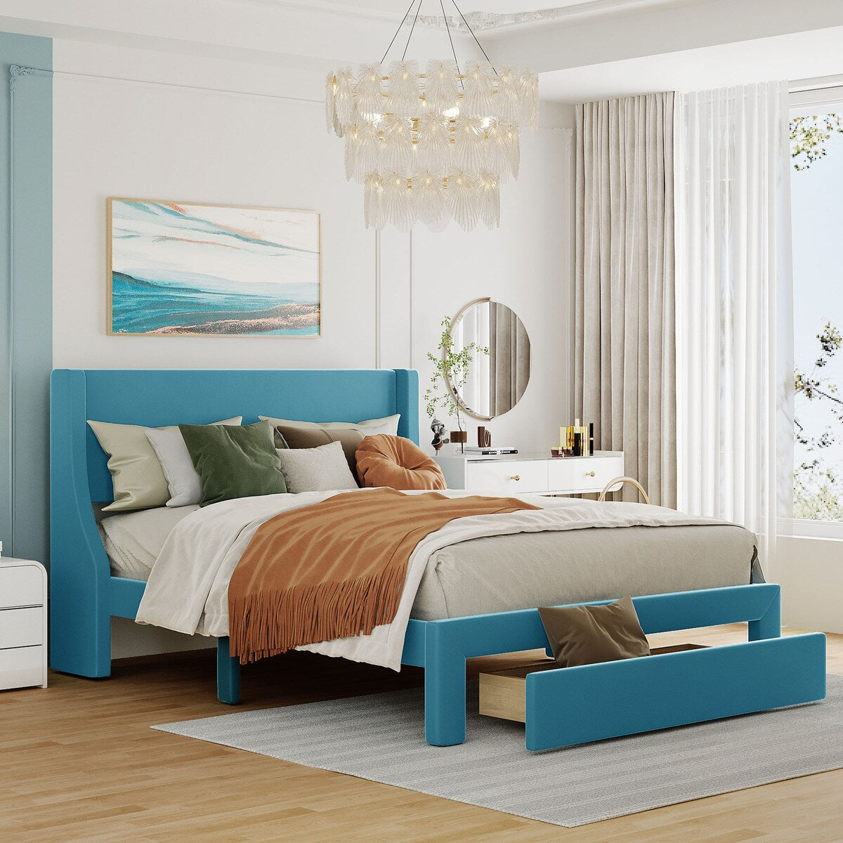 Queen Size Storage Bed Velvet Upholstered Platform Bed