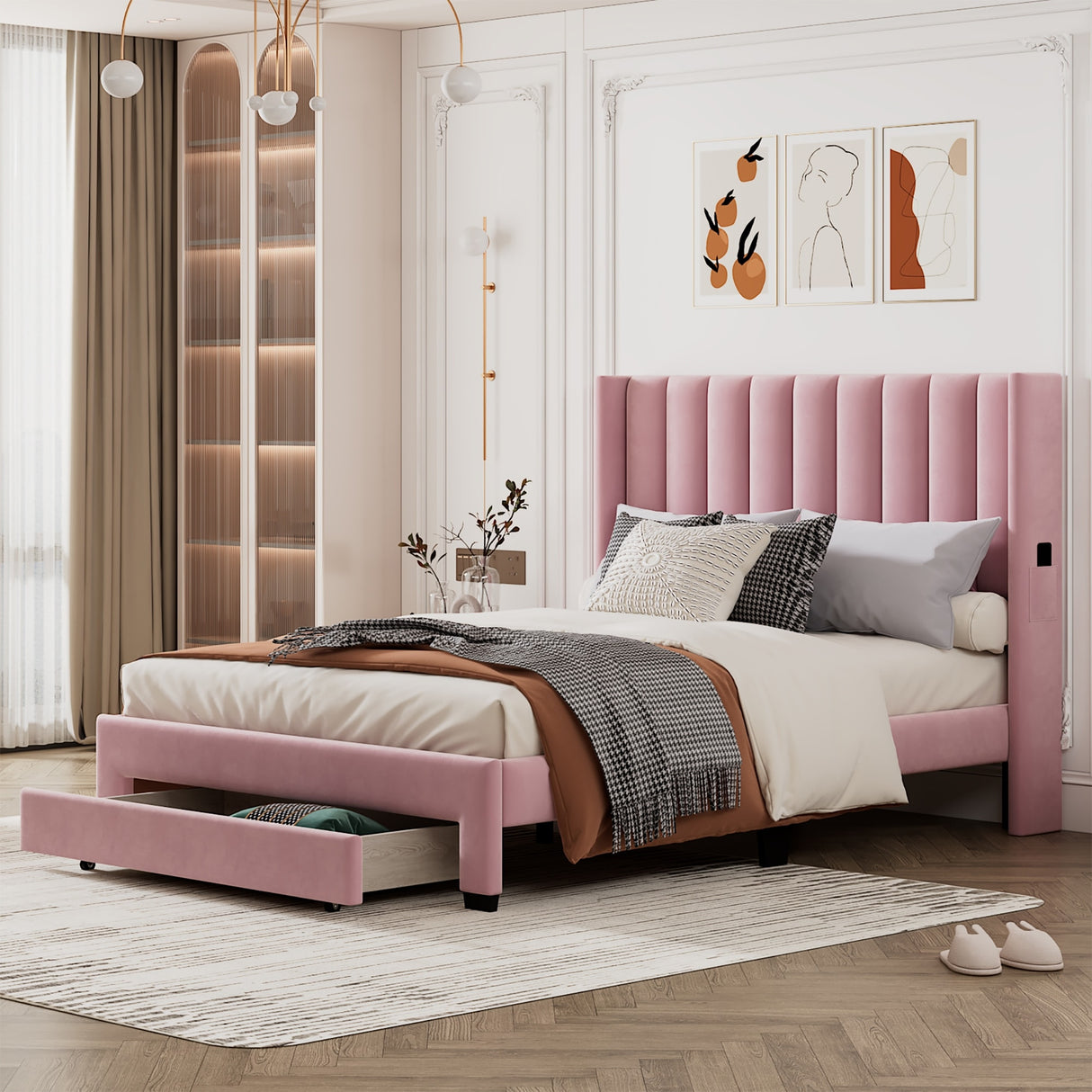 Queen Size Storage Bed Velvet Upholstered Platform Bed