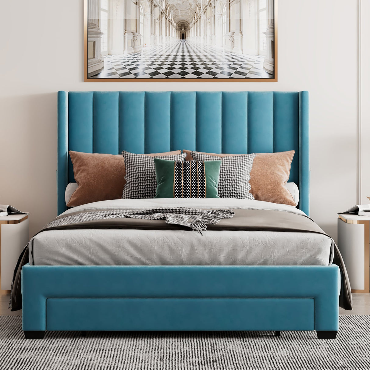 Queen Size Storage Bed Velvet Upholstered Platform Bed