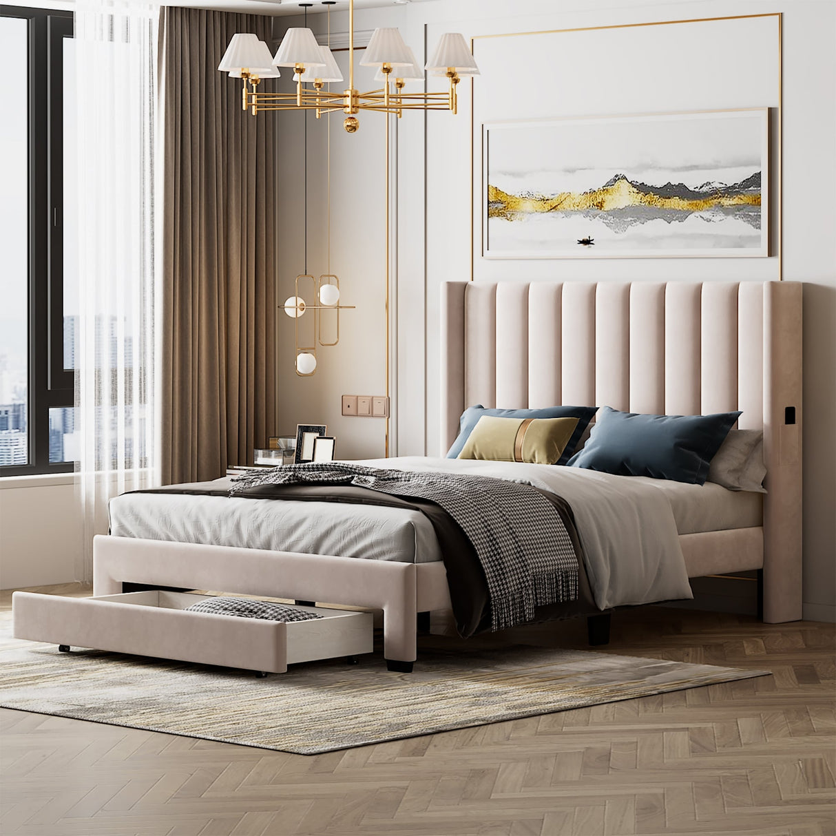 Queen Size Storage Bed Velvet Upholstered Platform Bed