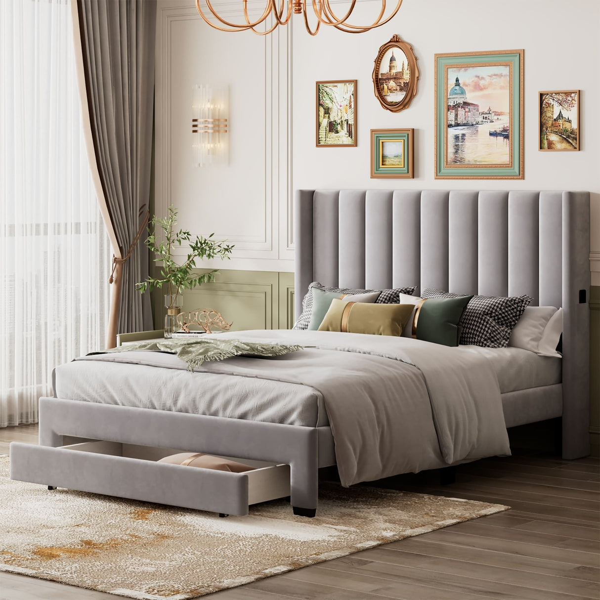 Queen Size Storage Bed Velvet Upholstered Platform Bed