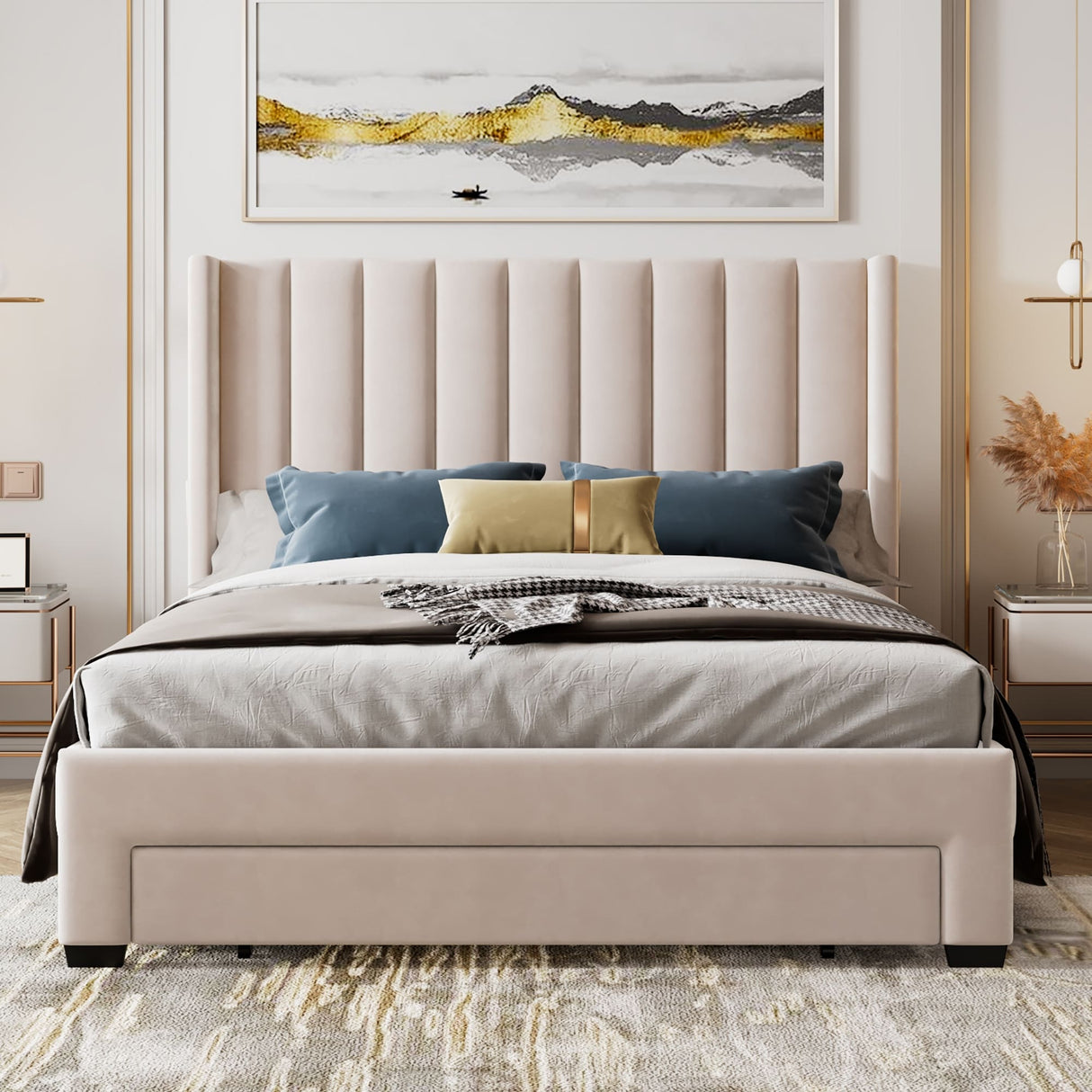 Queen Size Storage Bed Velvet Upholstered Platform Bed