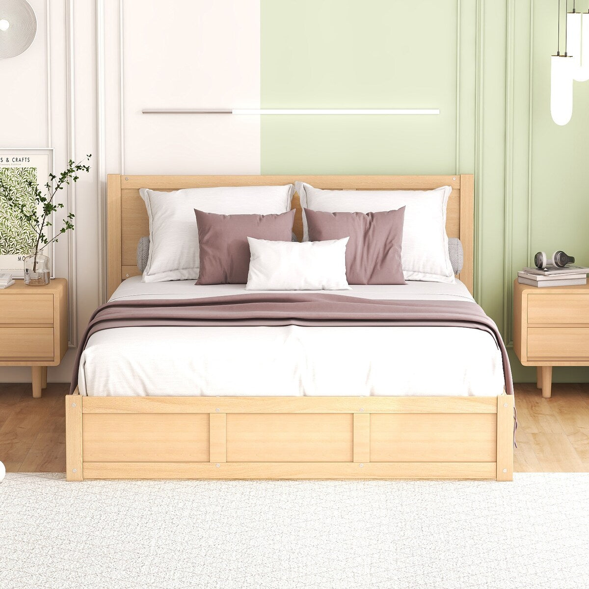 Queen Size Sturdy Wood Frame Simple Wood Platform Bed with Underneath Storage and 2 Drawers
