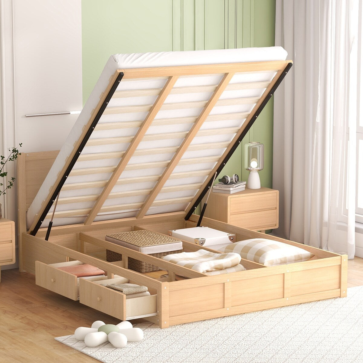 Queen Size Sturdy Wood Frame Simple Wood Platform Bed with Underneath Storage and 2 Drawers