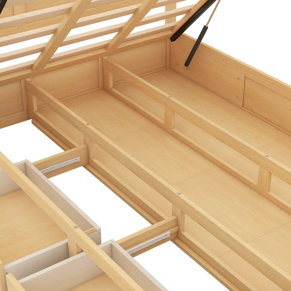 Queen Size Sturdy Wood Frame Simple Wood Platform Bed with Underneath Storage and 2 Drawers