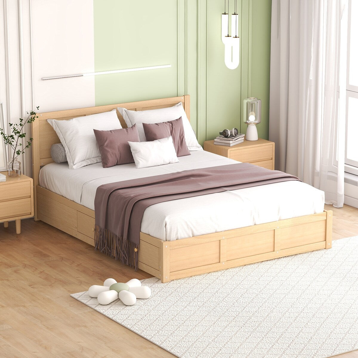 Queen Size Sturdy Wood Frame Simple Wood Platform Bed with Underneath Storage and 2 Drawers