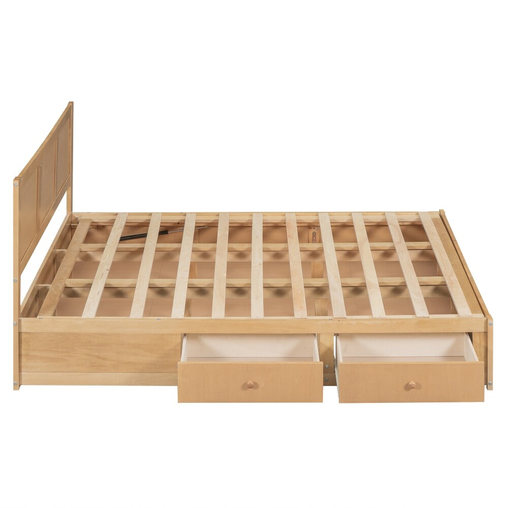 Queen Size Sturdy Wood Frame Simple Wood Platform Bed with Underneath Storage and 2 Drawers