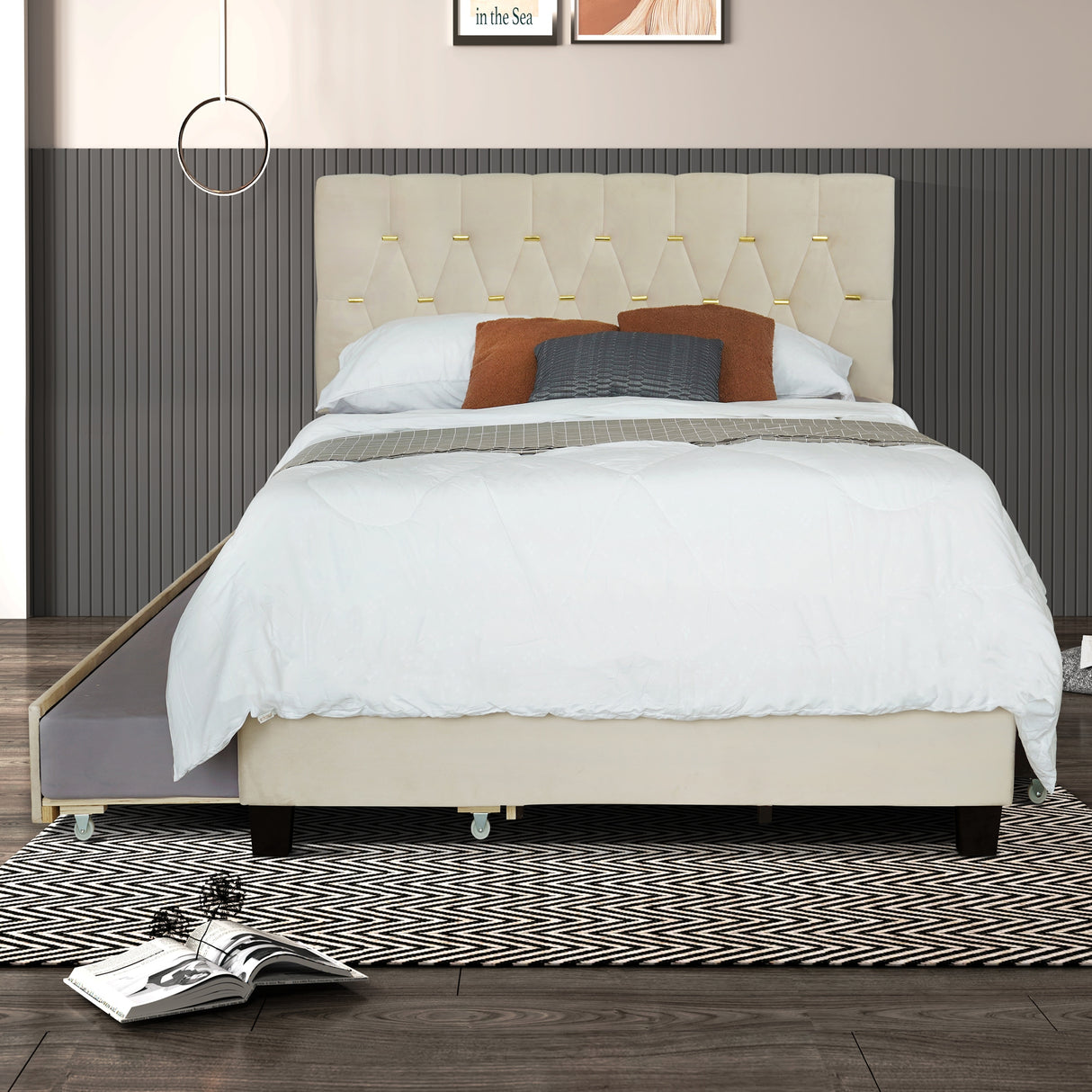 Queen Size Trundle Pull Out Drawers Upholstered Bed Morden Comtempapary Design No Box Spring Needed