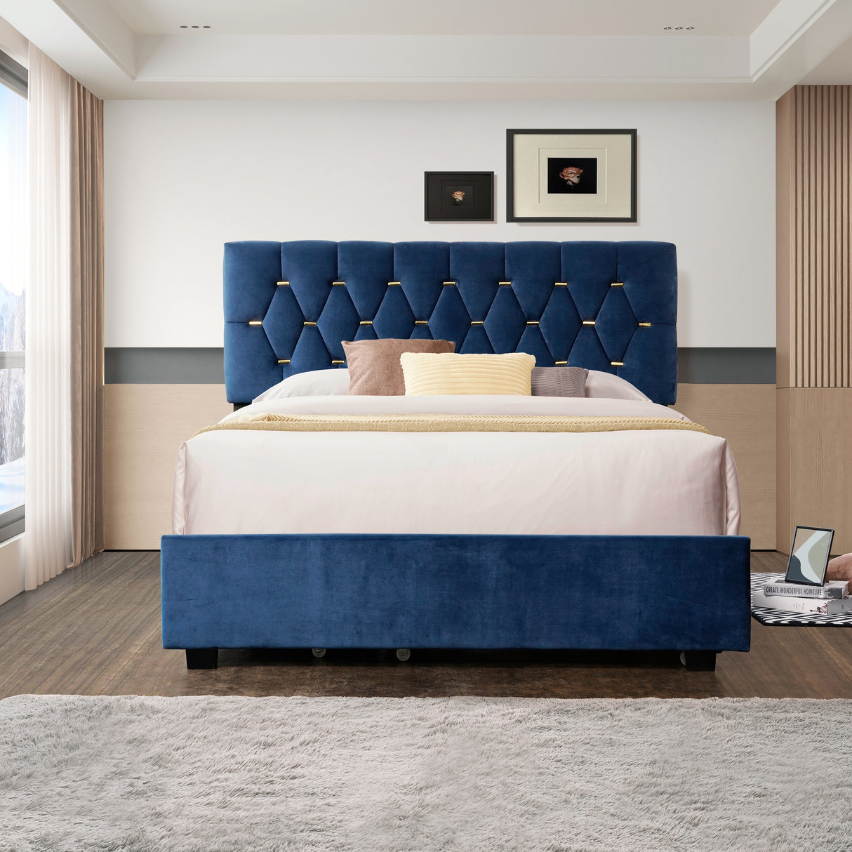 Queen Size Trundle Pull Out Drawers Upholstered Bed Morden Comtempapary Design No Box Spring Needed