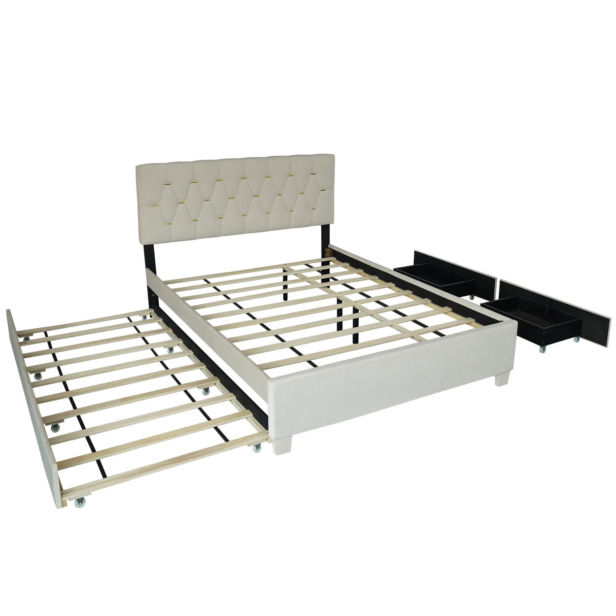 Queen Size Trundle Pull Out Drawers Upholstered Bed Morden Comtempapary Design No Box Spring Needed