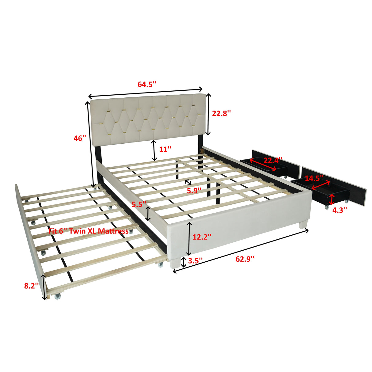 Queen Size Trundle Pull Out Drawers Upholstered Bed Morden Comtempapary Design No Box Spring Needed