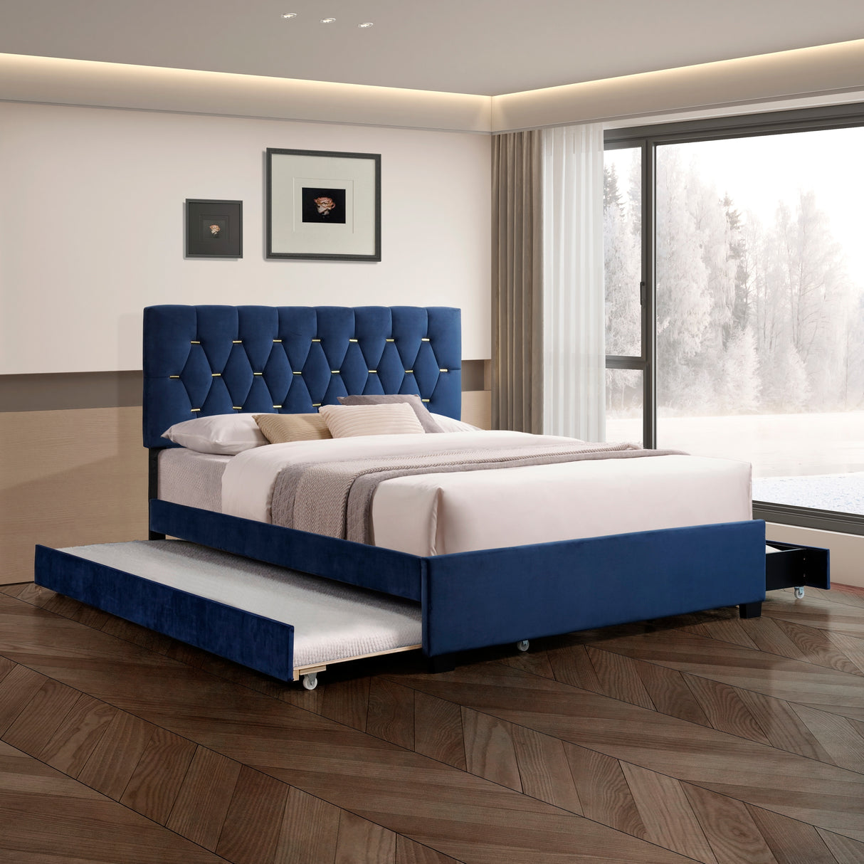 Queen Size Trundle Pull Out Drawers Upholstered Bed Morden Comtempapary Design No Box Spring Needed