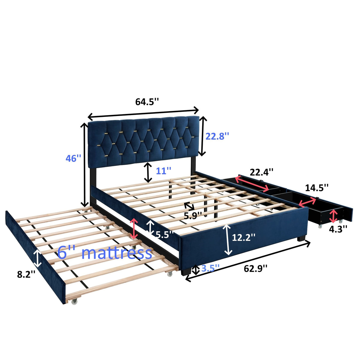 Queen Size Trundle Pull Out Drawers Upholstered Bed Morden Comtempapary Design No Box Spring Needed