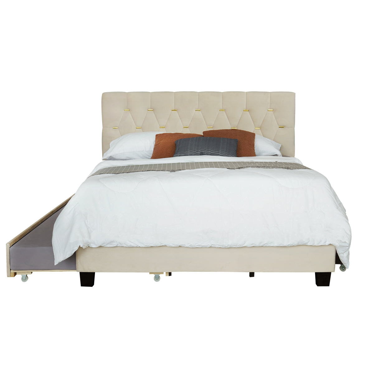 Queen Size Trundle Pull Out Drawers Upholstered Bed Morden Comtempapary Design No Box Spring Needed