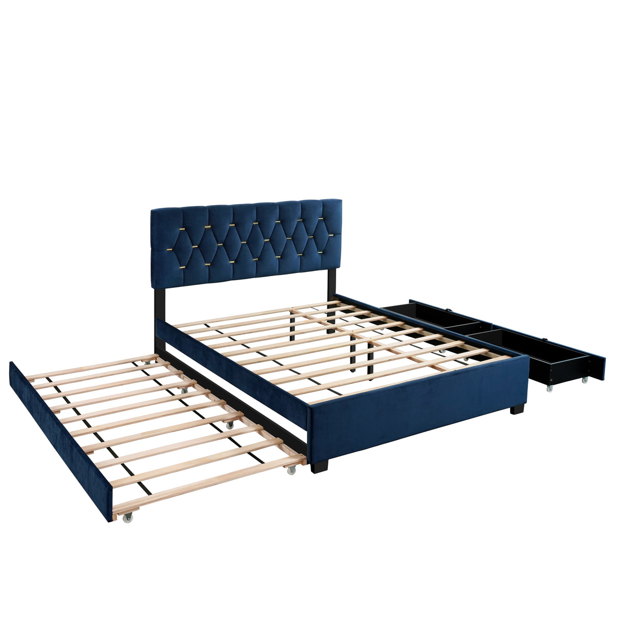 Queen Size Trundle Pull Out Drawers Upholstered Bed Morden Comtempapary Design No Box Spring Needed