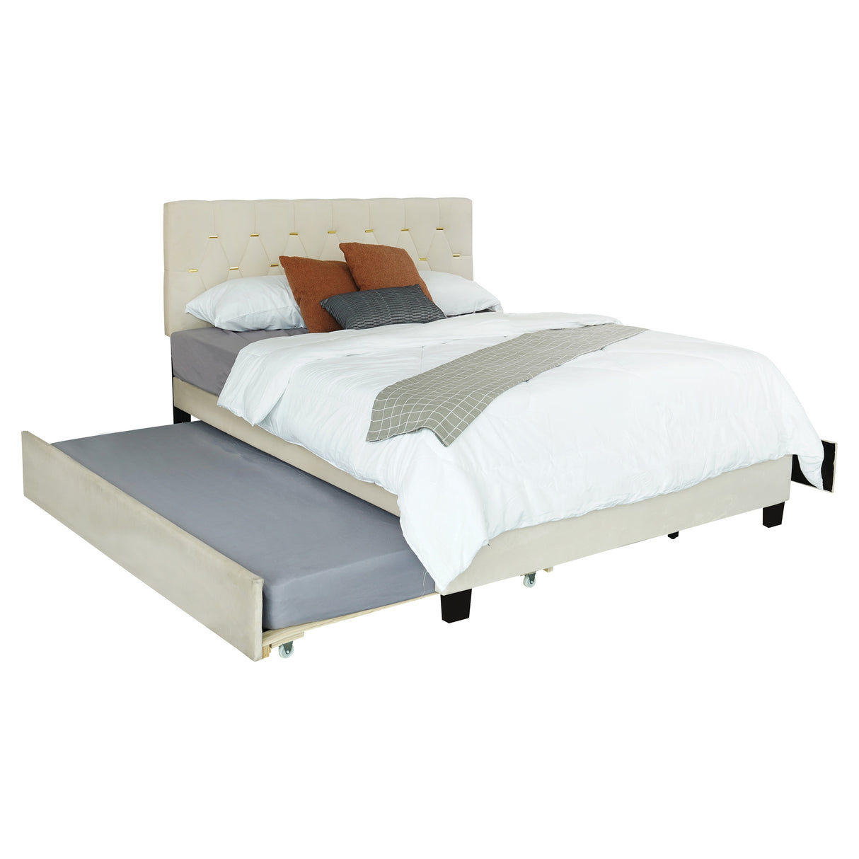 Queen Size Trundle Pull Out Drawers Upholstered Bed Morden Comtempapary Design No Box Spring Needed