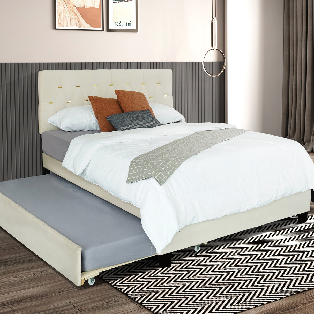 Queen Size Trundle Pull Out Drawers Upholstered Bed Morden Comtempapary Design No Box Spring Needed