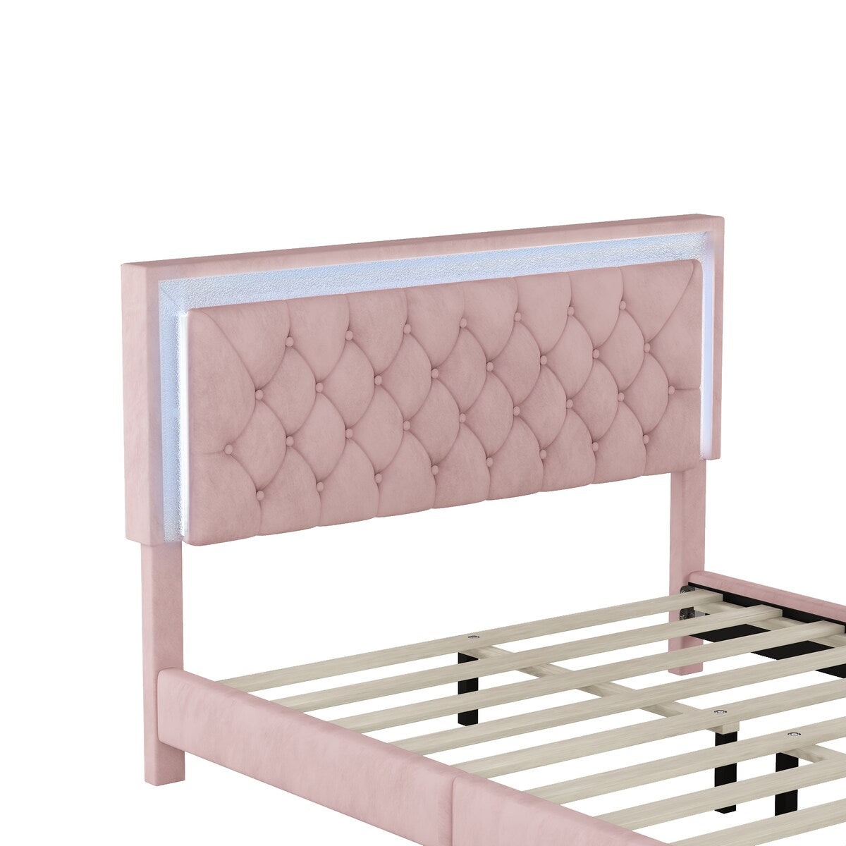 Queen Size Upholstered Bed Frame with LED Lights,Modern Velvet Platform Bed with Tufted Headboard