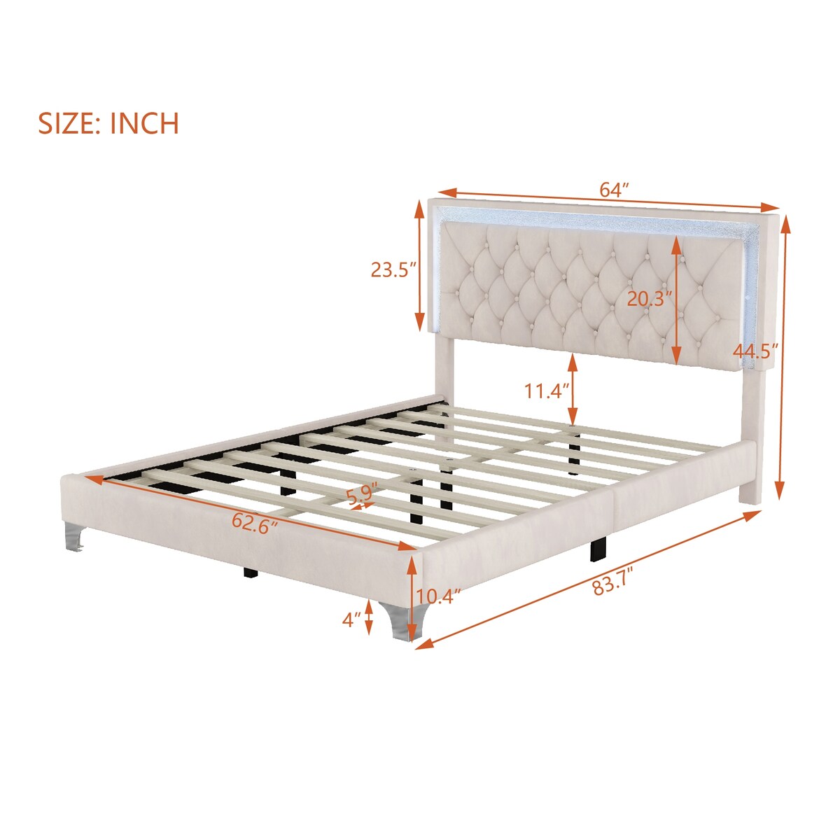 Queen Size Upholstered Bed Frame with LED Lights,Modern Velvet Platform Bed with Tufted Headboard