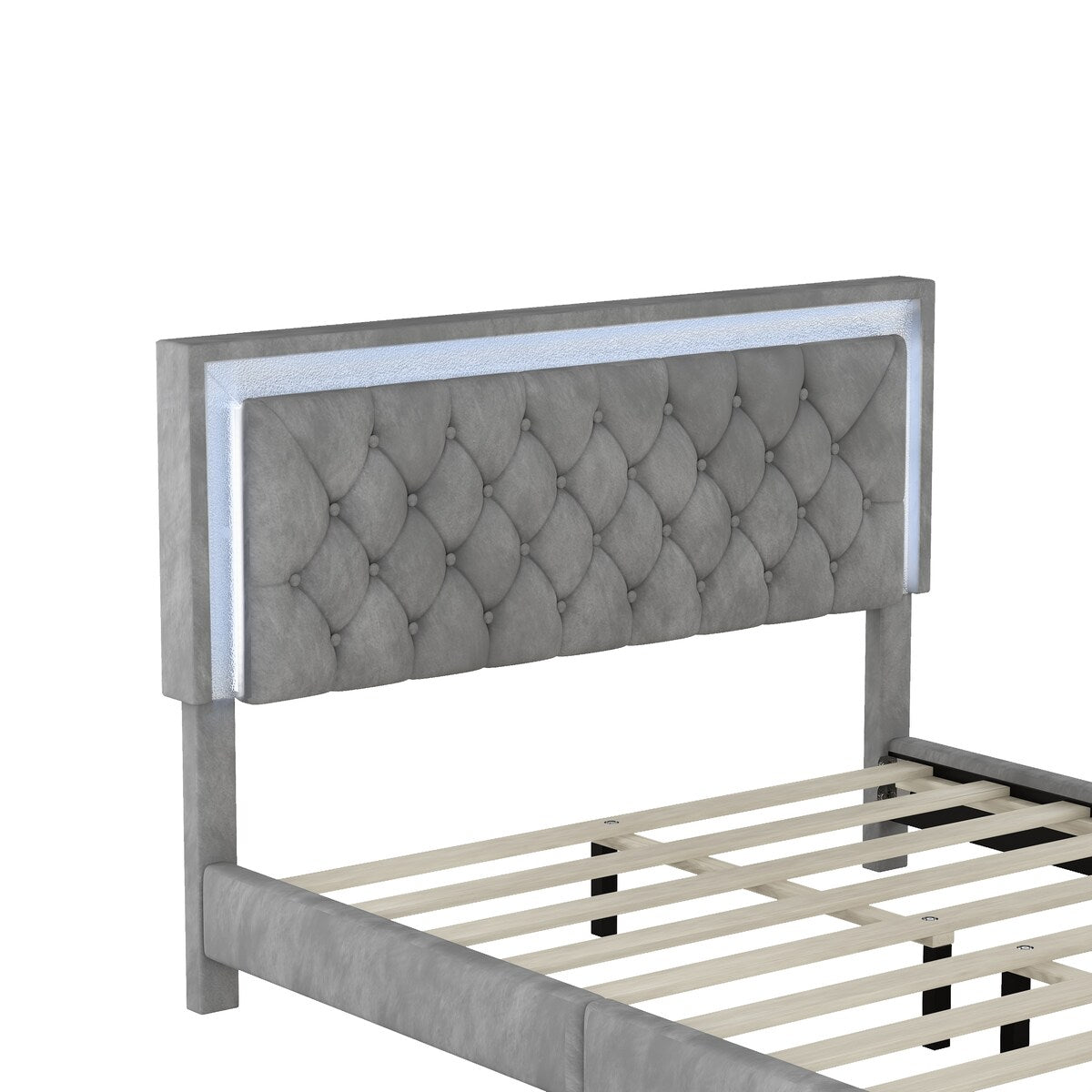Queen Size Upholstered Bed Frame with LED Lights,Modern Velvet Platform Bed with Tufted Headboard