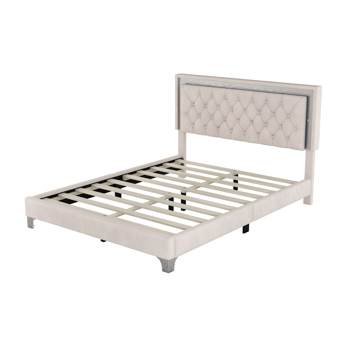 Queen Size Upholstered Bed Frame with LED Lights,Modern Velvet Platform Bed with Tufted Headboard
