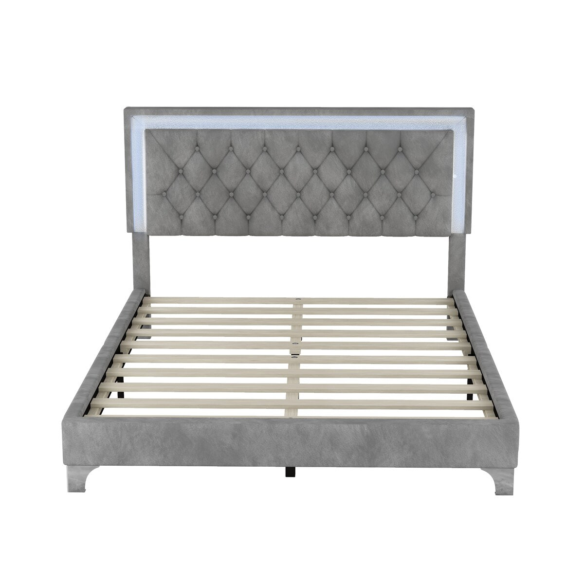 Queen Size Upholstered Bed Frame with LED Lights,Modern Velvet Platform Bed with Tufted Headboard