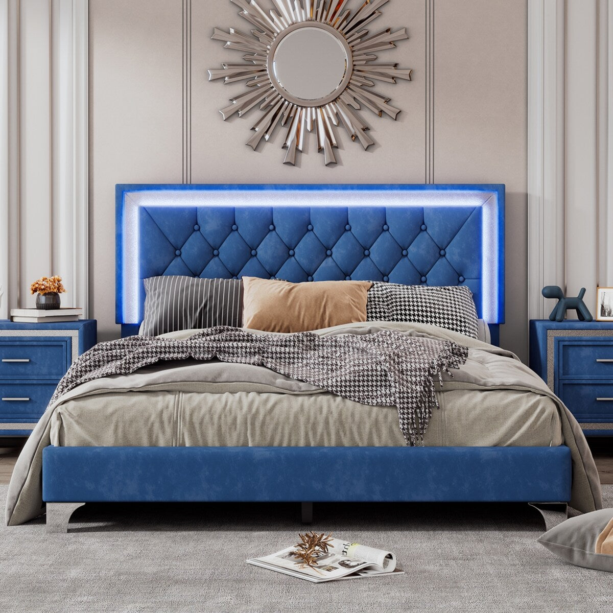 Queen Size Upholstered Bed Frame with LED Lights,Modern Velvet Platform Bed with Tufted Headboard