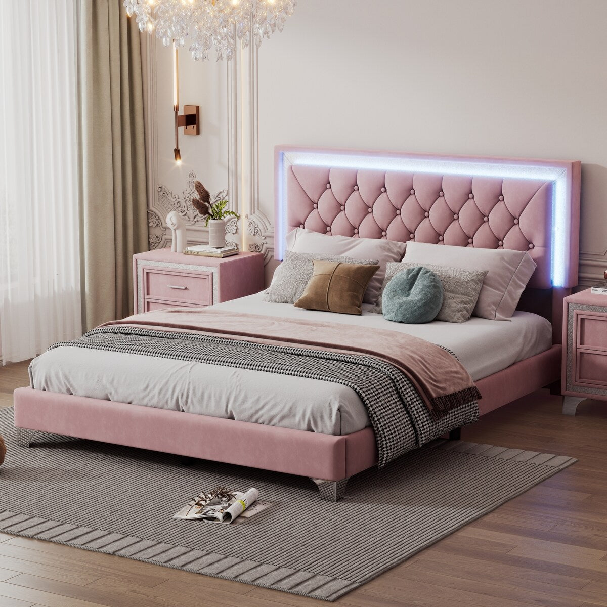 Queen Size Upholstered Bed Frame with LED Lights,Modern Velvet Platform Bed with Tufted Headboard