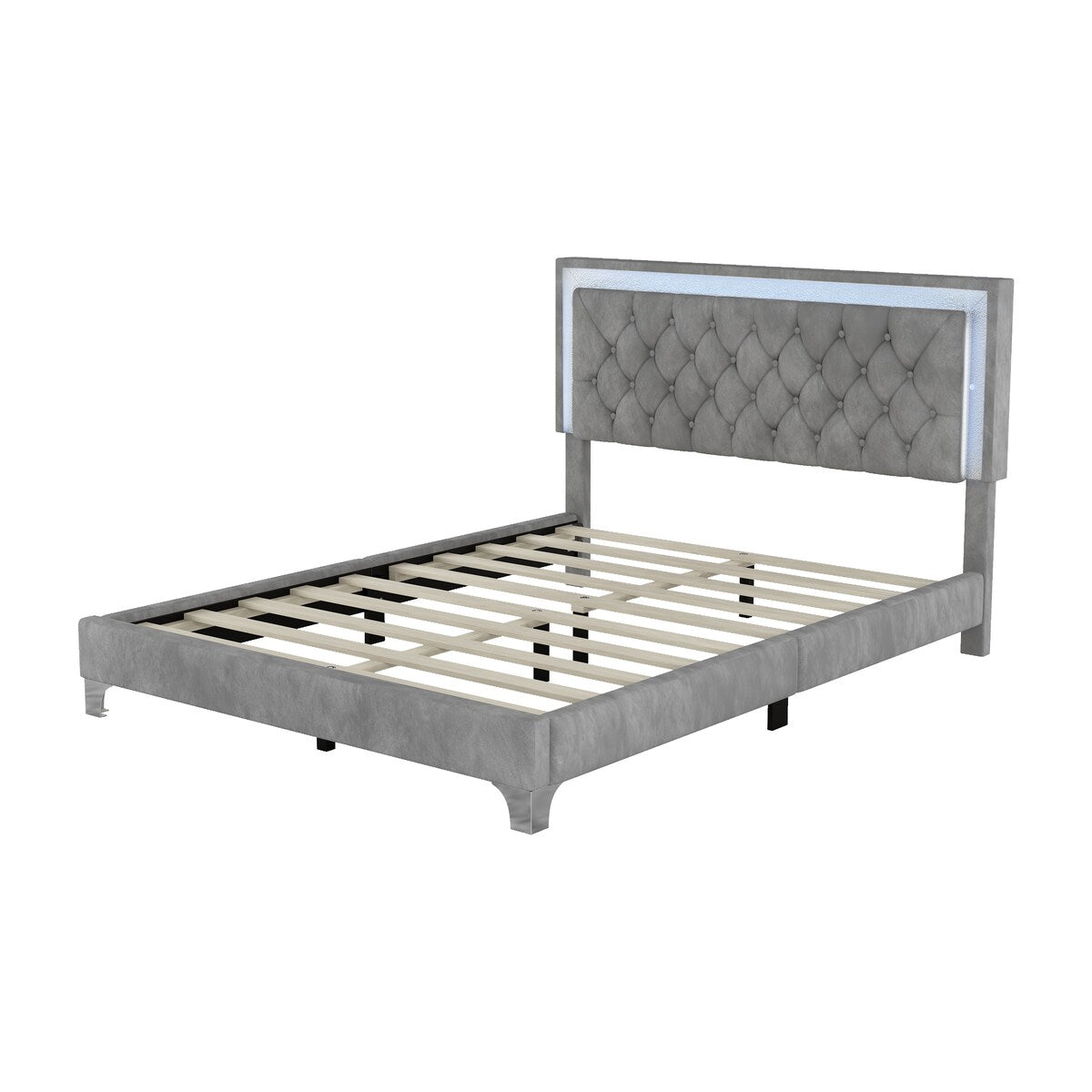 Queen Size Upholstered Bed Frame with LED Lights,Modern Velvet Platform Bed with Tufted Headboard