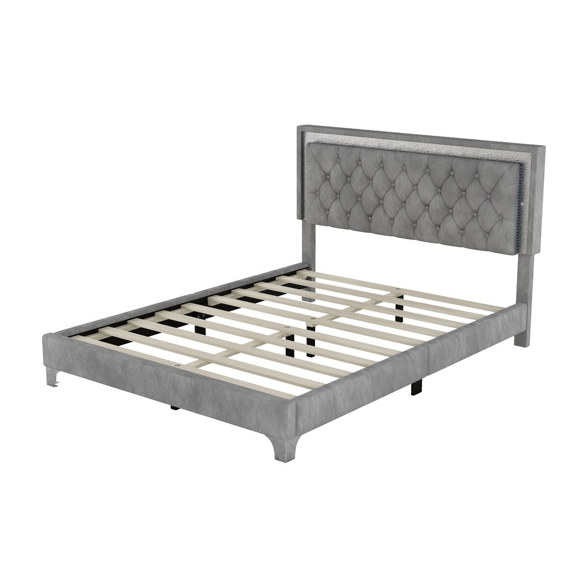 Queen Size Upholstered Bed Frame with LED Lights,Modern Velvet Platform Bed with Tufted Headboard