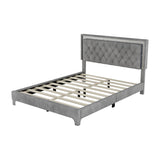 Queen Size Upholstered Bed Frame with LED Lights,Modern Velvet Platform Bed with Tufted Headboard
