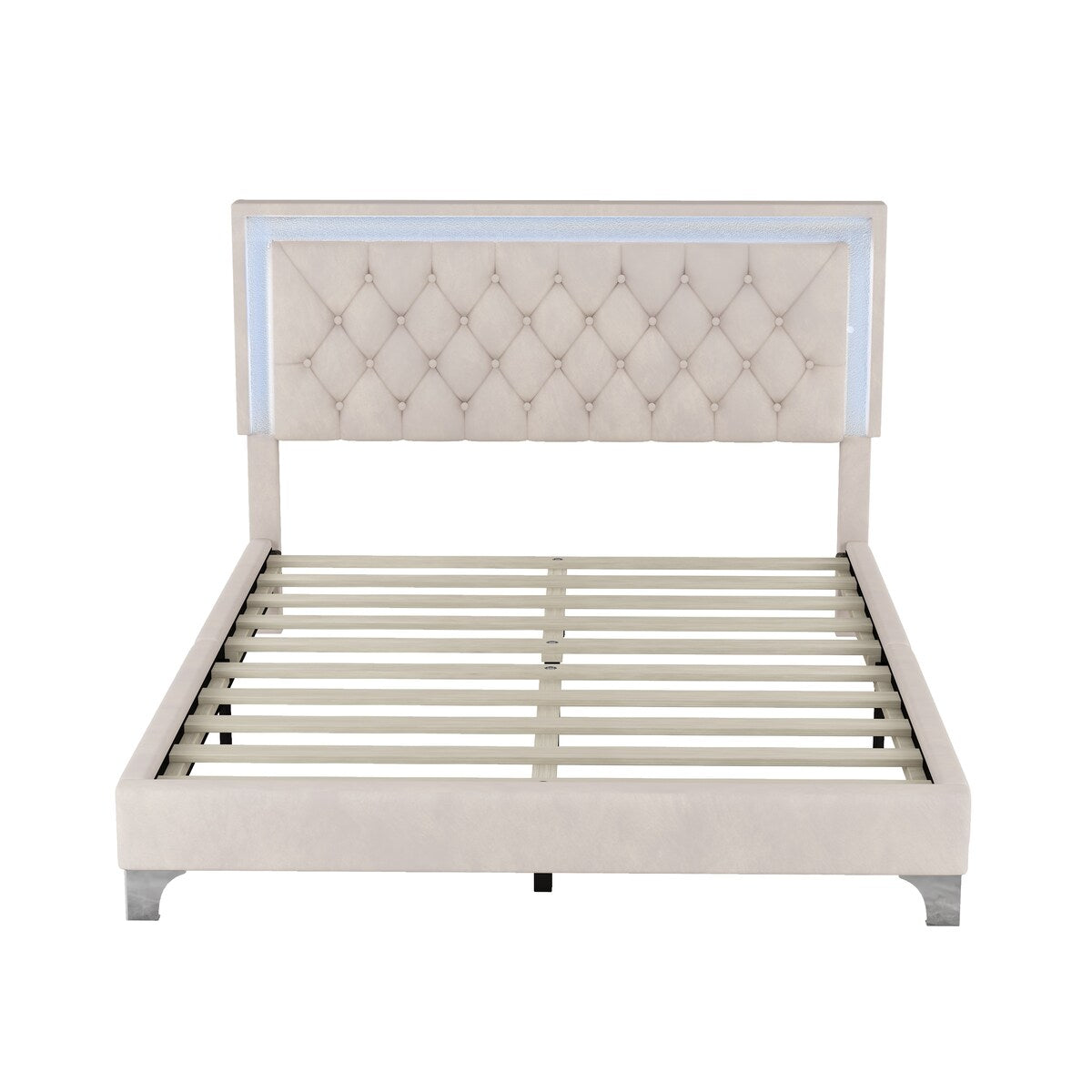 Queen Size Upholstered Bed Frame with LED Lights,Modern Velvet Platform Bed with Tufted Headboard