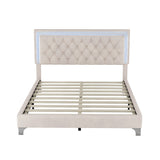 Queen Size Upholstered Bed Frame with LED Lights,Modern Velvet Platform Bed with Tufted Headboard