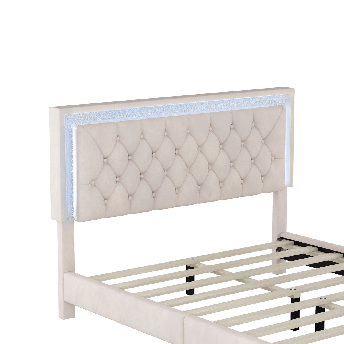 Queen Size Upholstered Bed Frame with LED Lights,Modern Velvet Platform Bed with Tufted Headboard