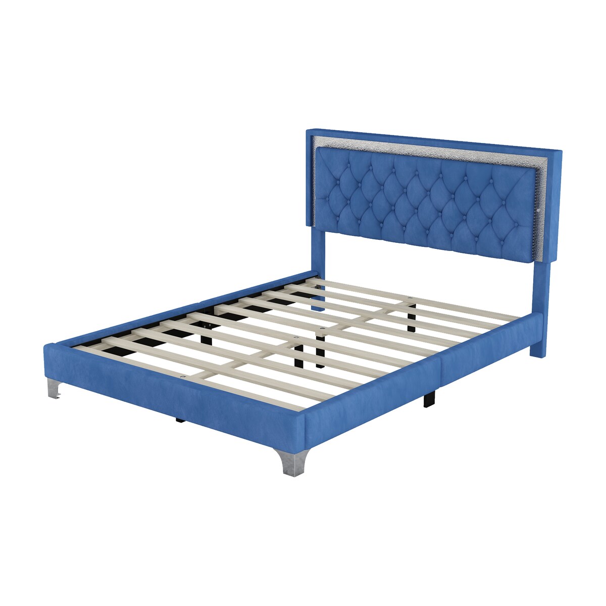 Queen Size Upholstered Bed Frame with LED Lights,Modern Velvet Platform Bed with Tufted Headboard