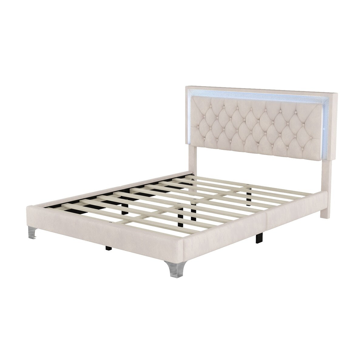 Queen Size Upholstered Bed Frame with LED Lights,Modern Velvet Platform Bed with Tufted Headboard