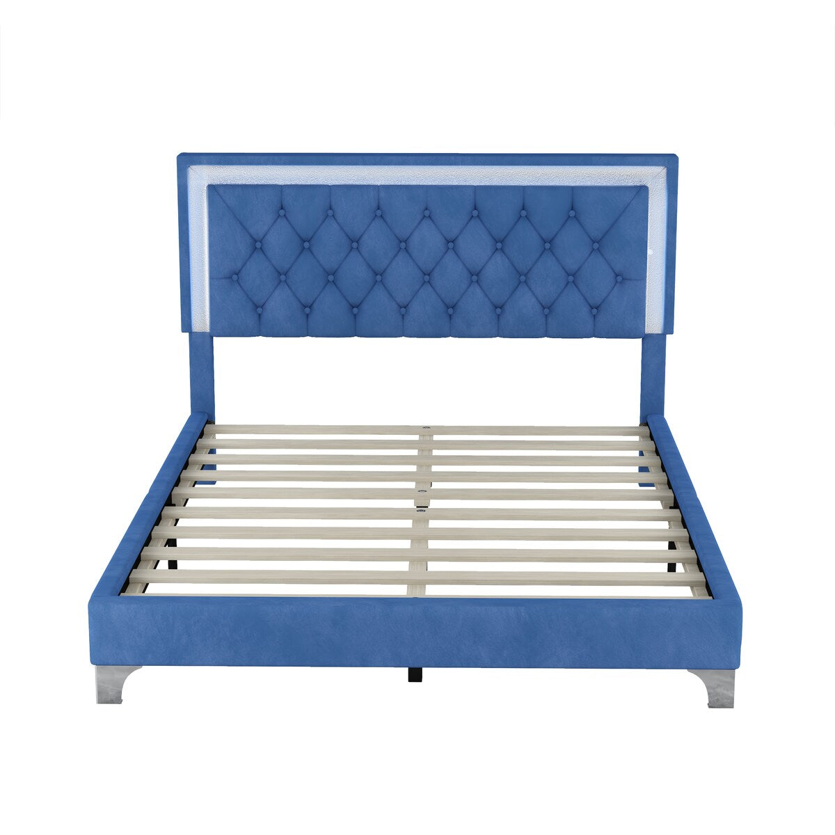 Queen Size Upholstered Bed Frame with LED Lights,Modern Velvet Platform Bed with Tufted Headboard