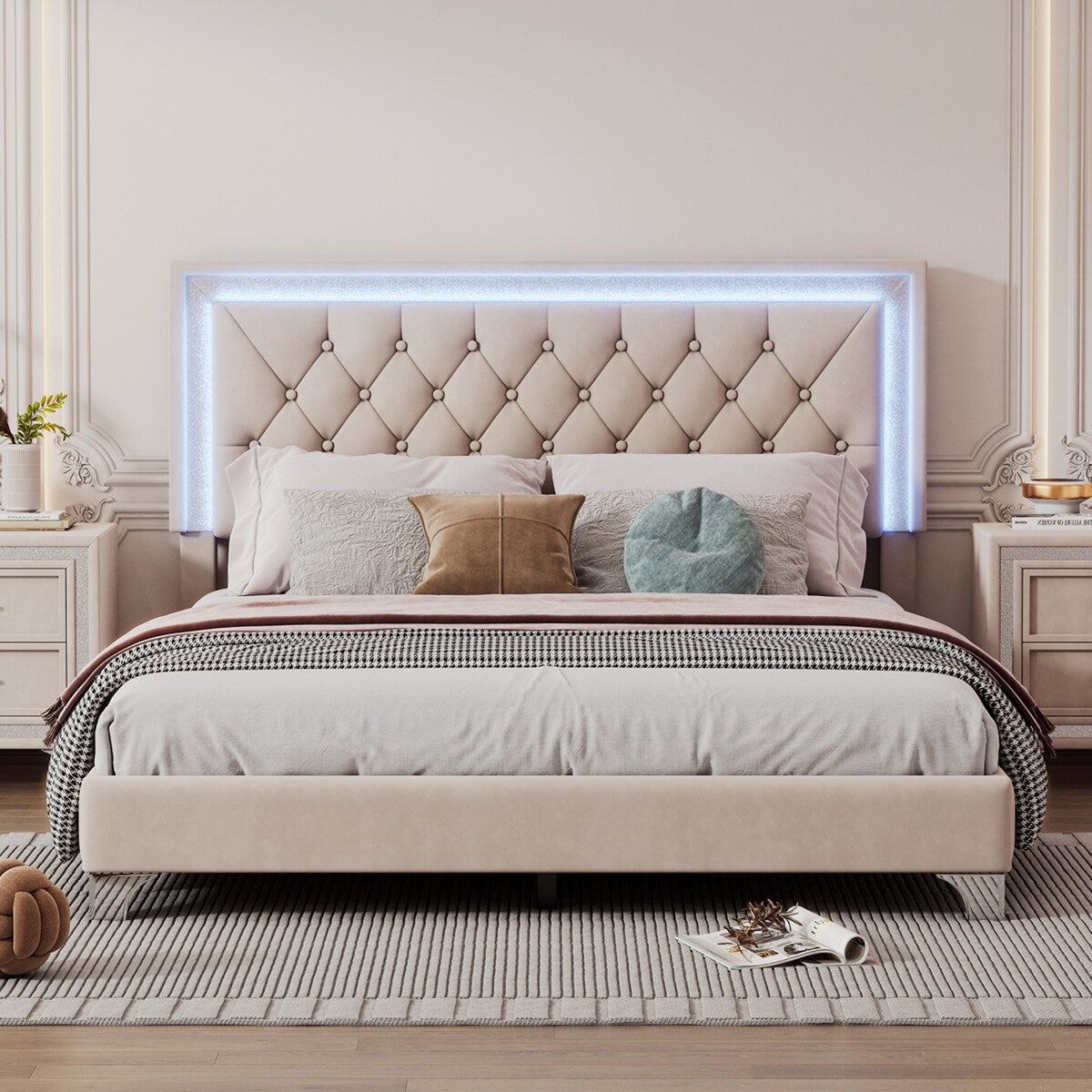 Queen Size Upholstered Bed Frame with LED Lights,Modern Velvet Platform Bed with Tufted Headboard