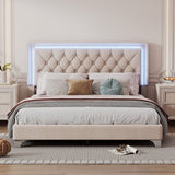 Queen Size Upholstered Bed Frame with LED Lights,Modern Velvet Platform Bed with Tufted Headboard