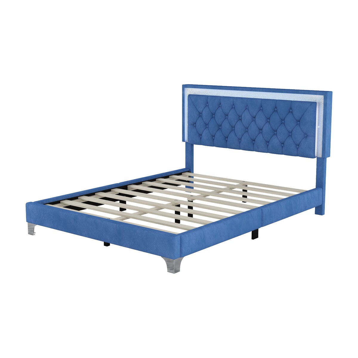 Queen Size Upholstered Bed Frame with LED Lights,Modern Velvet Platform Bed with Tufted Headboard