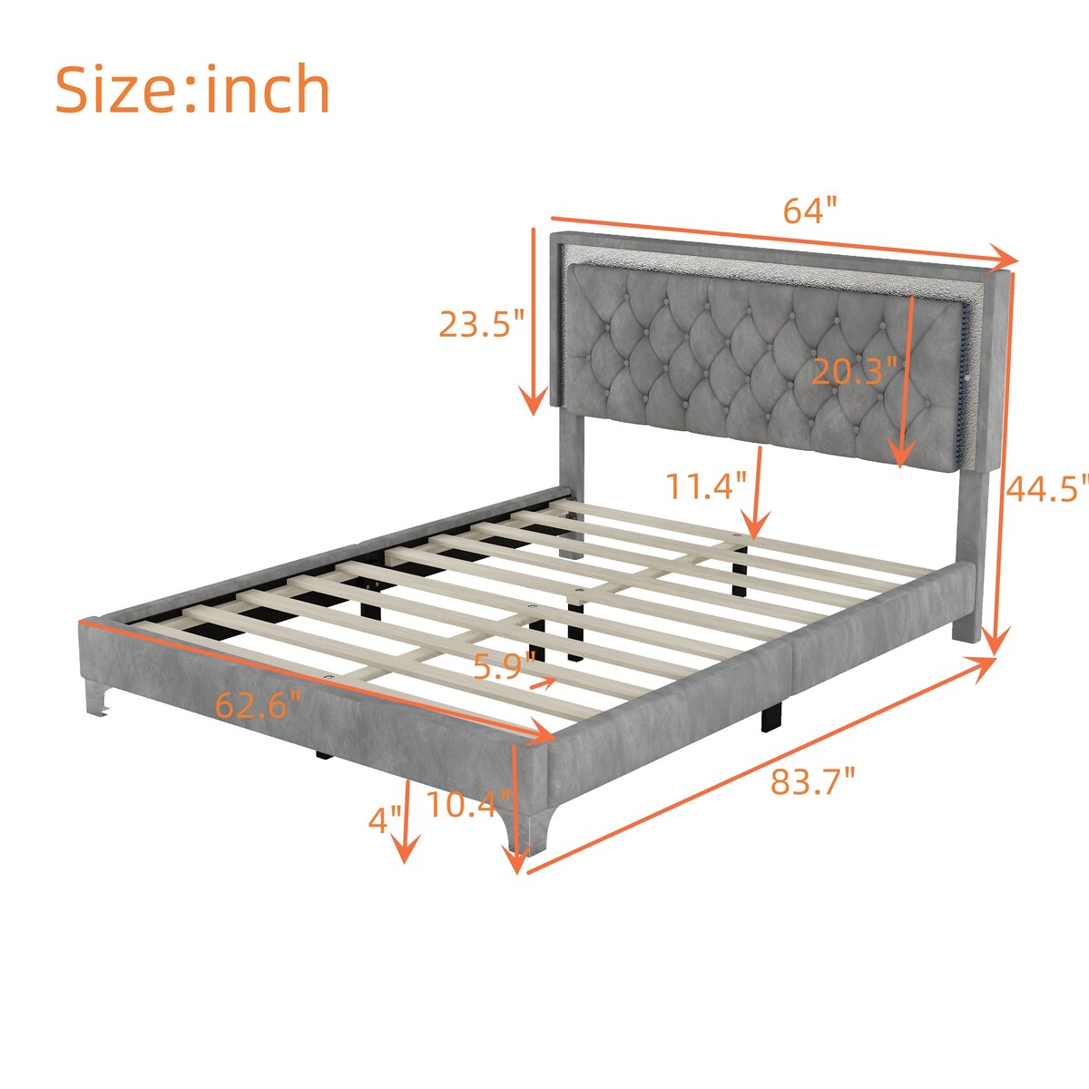 Queen Size Upholstered Bed Frame with LED Lights,Modern Velvet Platform Bed with Tufted Headboard